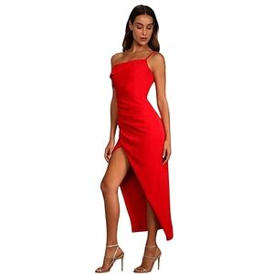 NWT Lulus Showing Off A Little Red Off Shoulder Ruched Side Midi Dress Formal LG
